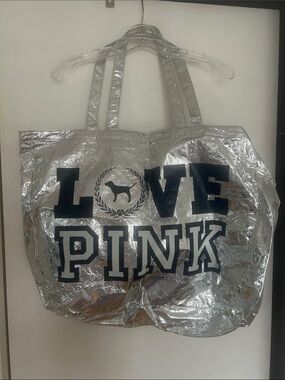 Victoria's Secret PINK Metallic Silver Tote with Black Dog Logo Vintage Rare